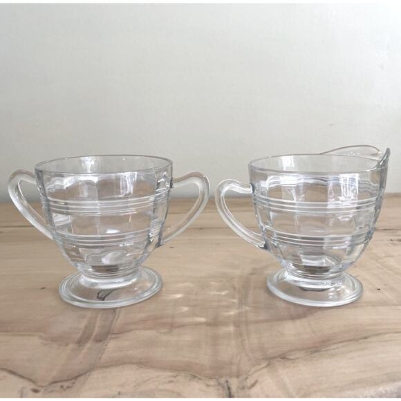 Vtg Anchor Hocking Glass Banded Rings Creamer Sugar Bowl Set 1927-1933 - Picture 3 of 9